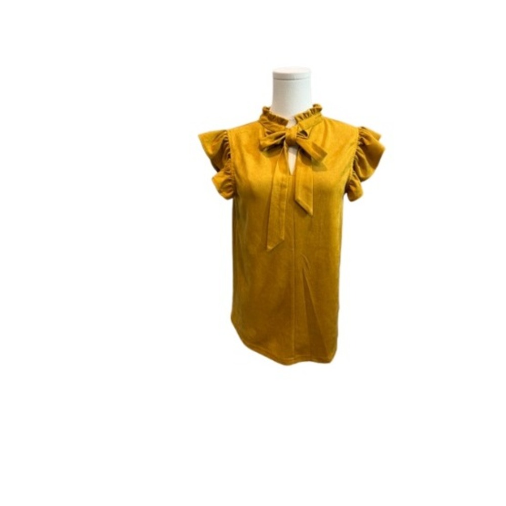 Voy Womens Mustard Yellow Faux Suede Ruffle Neck Tie Sleeveless Blouse Top S - Picture 6 of 7